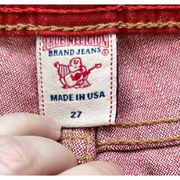 True Religion Halle Phantom American Flag Logo Tomato Red Skinny Jeans, Size 27 - Picture 9 of 16
